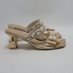 Beaded Rhinestone Bow Knot Kitten Heels Slide Mules Sandal Gold Size EU 40, US 9